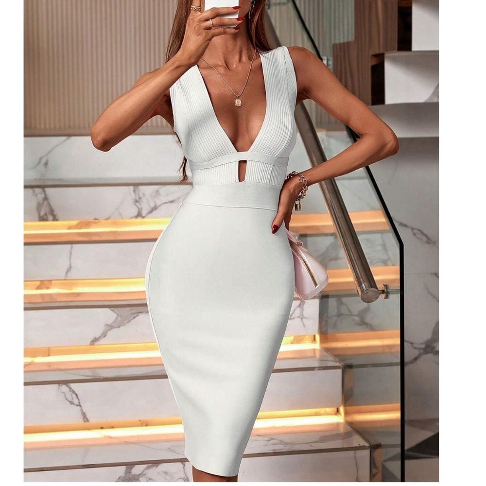Bandage Bodycon Deep V Cut Out White Dress